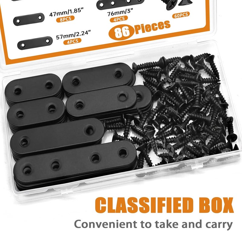 mankk 86PCS Black Straight Flat Metal Bracket Mending Plates Stainless Steel Flat Brace Brackets Fixed Connecting Plate for Wood Repair Fixing - Image 5